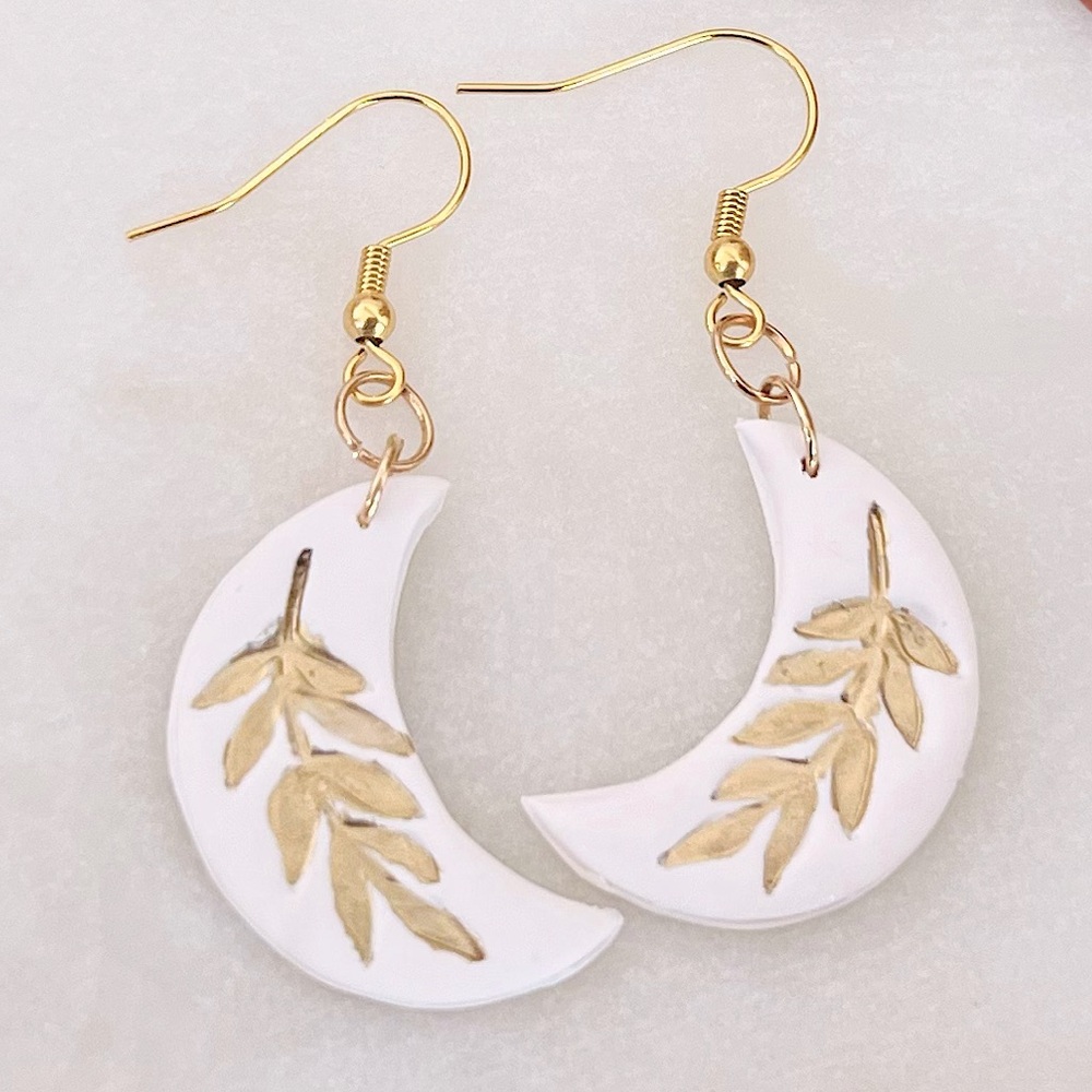 Handmade Moon Earrings Painted with Gold Flake - Polymer Clay